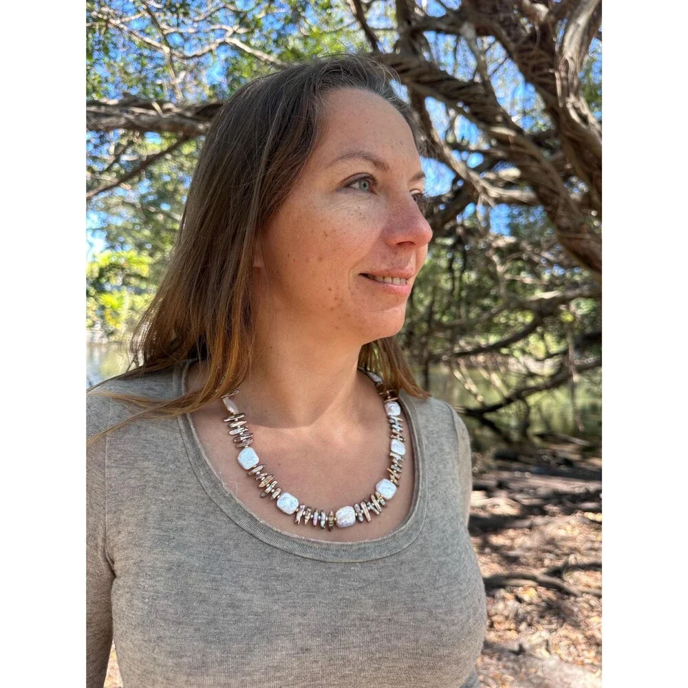 Handmade Freshwater Pearl Necklace: Biwa Stick and Square White Pearls